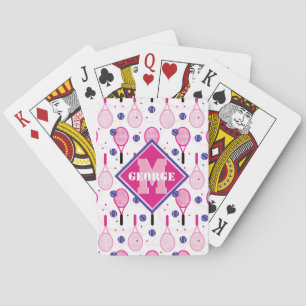 Met naam & initiaal, roze & paarse tennisrackets pokerkaarten