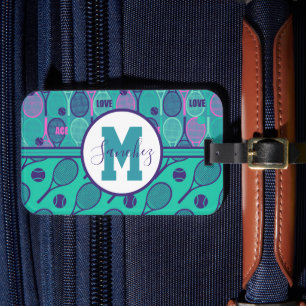 Met naam Minty- en paarse tennisrackets Bagagelabel