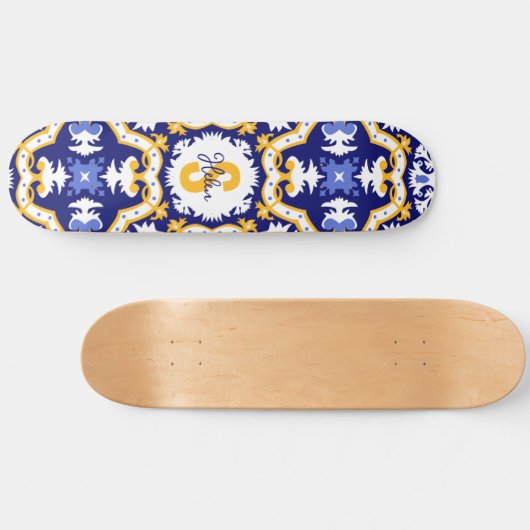 Met naam 💙 periwinkle, blauw en geel Azulejos Persoonlijk Skateboard (Horizontaal)