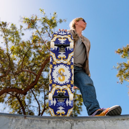 Met naam 💙 periwinkle, blauw en geel Azulejos Persoonlijk Skateboard (Buiten 1)