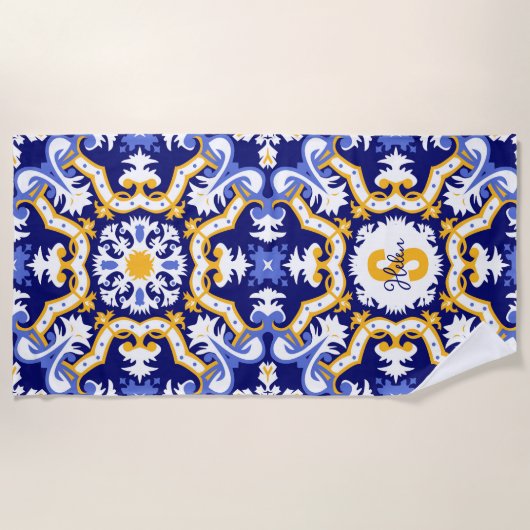 Met naam 💙 periwinkle, blauw en geel Azulejos Strandlaken (Voorkant)
