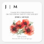 Met namen en initialen Scarlet Petal Elegance Vierkante Sticker (Voorkant)