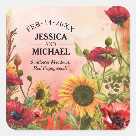 🌻Met namen Sunny Petals & Scarlet Blooms Vierkante Sticker (Voorkant)