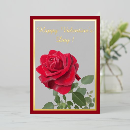 Met olieverf geschilderde rode roos - Gelukkige Va Folie Feestdagenkaart (Staand Voorkant)