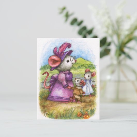 Met oma lopen - Cute Mouse Art Briefkaart (Staand voorkant)