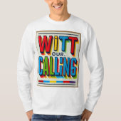 "Met ons Calling T-shirt – Multi-Coloured Bold Tex (Voorkant)