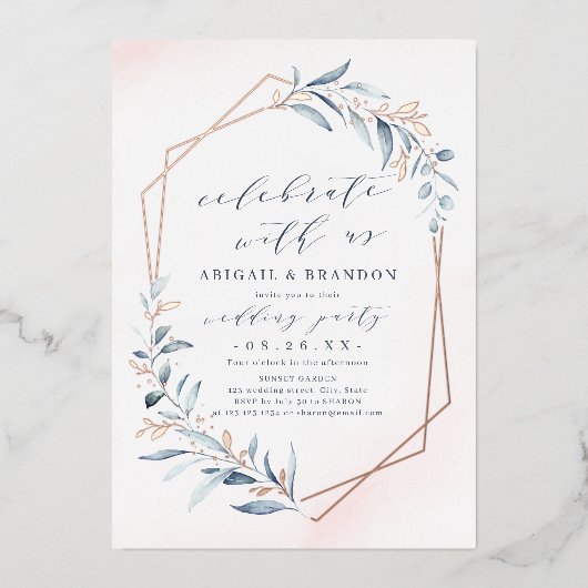 Met ons vieren! Dusty Greenery Roos Gold Party Folie Uitnodiging (Voorkant)