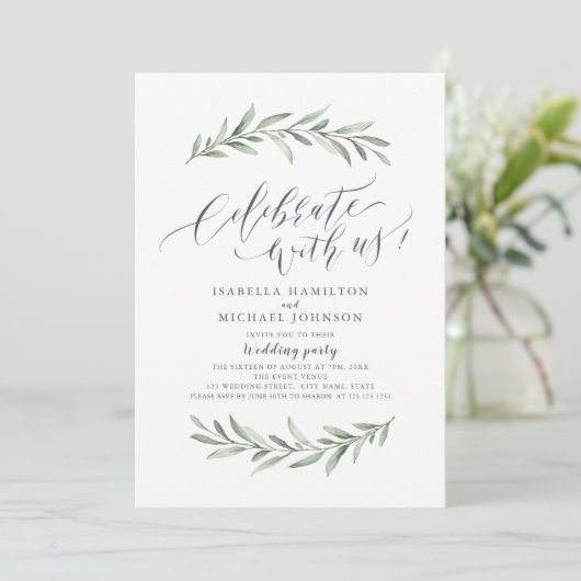 Met ons vieren! Eenvoudig Rustic Greenery Wedding Kaart (Staand voorkant)