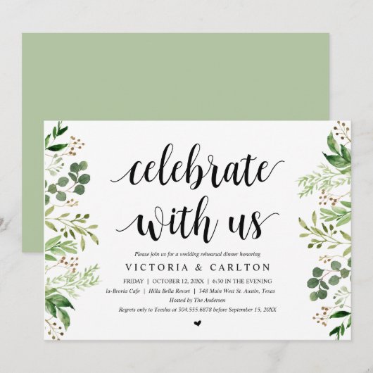 Met ons vieren, Greenery, Rehearsal Dinner Kaart (Voorkant / Achterkant)