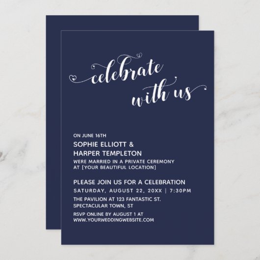 Met ons vieren Hart Script Navy Ontvangst Kaart (Voorkant / Achterkant)