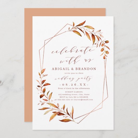 Met ons vieren! Herfst Greenery Geometric Wedding Kaart (Voorkant / Achterkant)