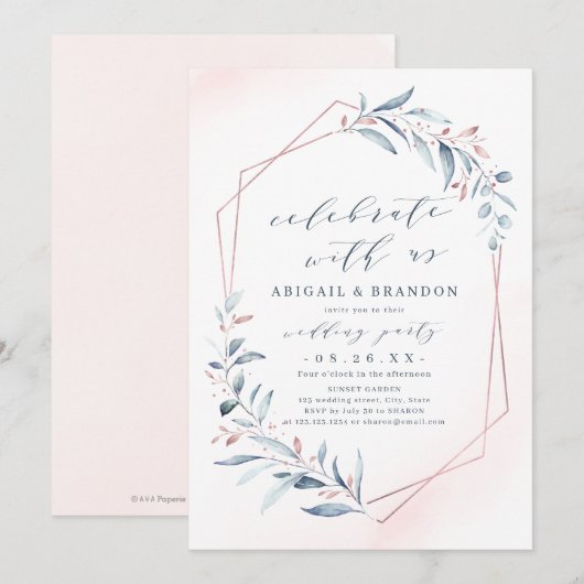 Met ons vieren! Roos Gold Dusty Blue Greenery Kaart (Voorkant / Achterkant)