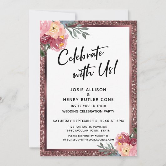 Met ons vieren! Roos Gold Glitter en Flowers Kaart (Voorkant)