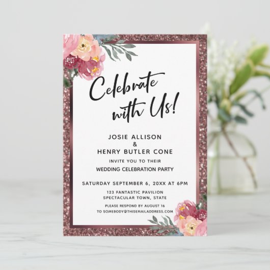 Met ons vieren! Roos Gold Glitter en Flowers Kaart (Staand voorkant)