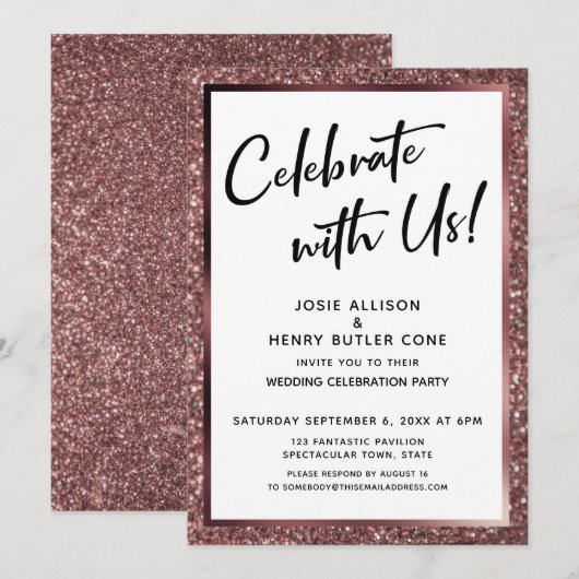 Met ons vieren! Roos Gold Glitter Receptie Kaart (Voorkant / Achterkant)