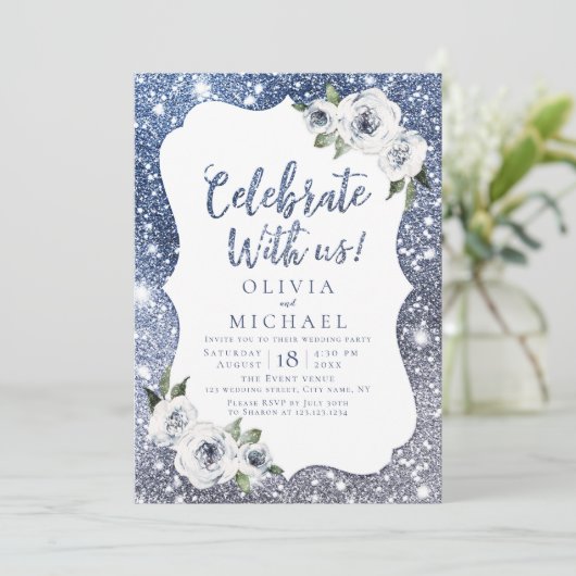 Met ons vieren! Sparkle blue glitter en floral Kaart (Staand voorkant)