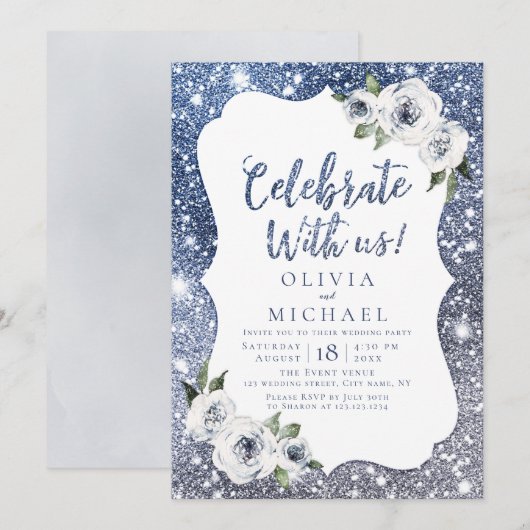 Met ons vieren! Sparkle blue glitter en floral Kaart (Voorkant / Achterkant)