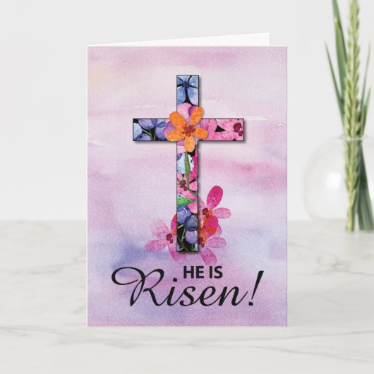 Met Pasen is hij Risen Cross Waterverf Flowers Kaart (Voorkant)