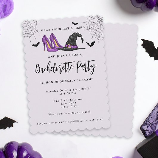 Met Pet en hakken Paarse Halloween Bachelorette Kaart