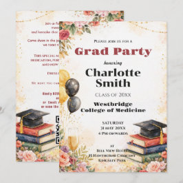 🎓Met QR Aquarel Bloemen Afstudeerfeest Kaart