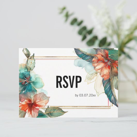 Met QR-code Hibiscus Serenade Paradise RSVP Kaartje (Staand voorkant)