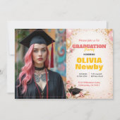 🎓Met QR-code Horizontaal Roze & Gouden Bloemen Kaart (Voorkant)