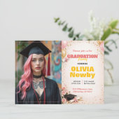 🎓Met QR-code Horizontaal Roze & Gouden Bloemen Kaart (Staand voorkant)