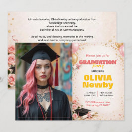 🎓Met QR-code Horizontaal Roze & Gouden Bloemen Kaart