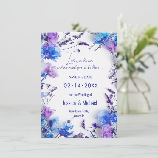 💍 met QR-code Korenbloemen en Lavendel Elegance Save The Date (Staand voorkant)