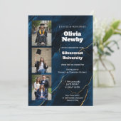 🎓Met QR-code Navy Luxe Marmeren Afstudeerfeestje Kaart (Staand voorkant)