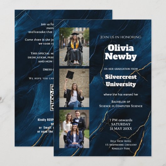 🎓Met QR-code Navy Luxe Marmeren Afstudeerfeestje Kaart (Voorkant / Achterkant)