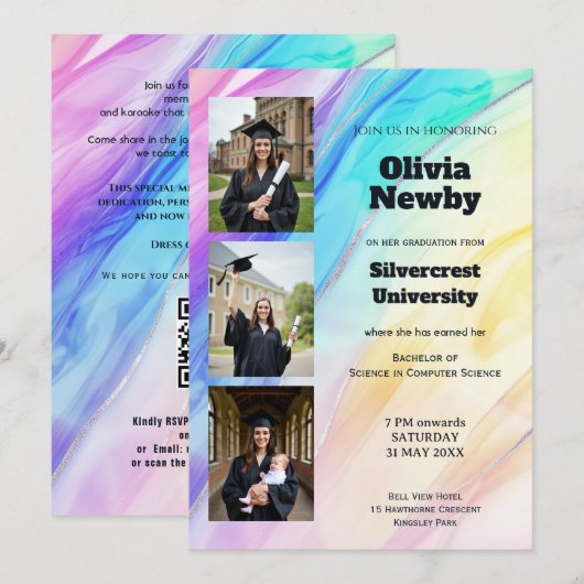 🎓Met QR Code Regenboog Marmer Afstudeerfeest Kaart (Voorkant / Achterkant)