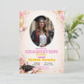 🎓Met QR-code Roze & Ballon Glow Afstudeerfeest Kaart (Staand voorkant)