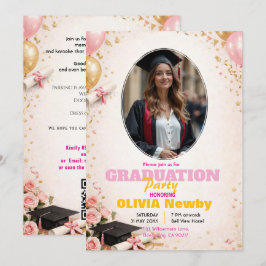 🎓Met QR-code Roze &  Ballon Glow Afstudeerfeest Kaart