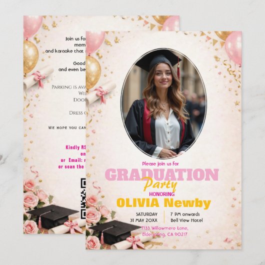 🎓Met QR-code Roze & Ballon Glow Afstudeerfeest Kaart (Voorkant / Achterkant)