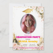 🎓Met QR-code Roze & Bloemrijke Viering Grad Kaart (Voorkant)