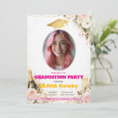 🎓Met QR-code Roze & Bloemrijke Viering Grad Kaart (Staand voorkant)