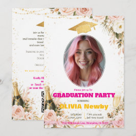 🎓Met QR-code Roze & Bloemrijke Viering Grad Kaart