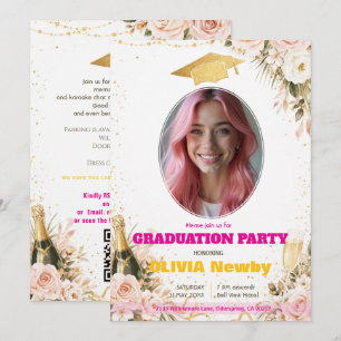 🎓Met QR-code Roze & Bloemrijke Viering Grad Kaart