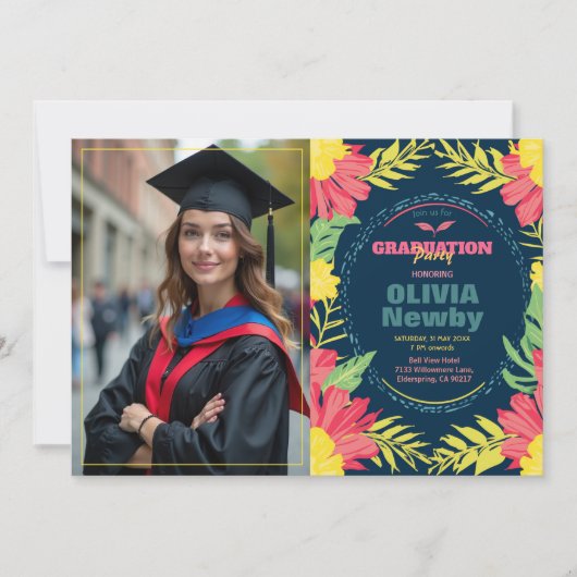 🎓Met QR code Tropische Grad Bloem Kaart (Voorkant)