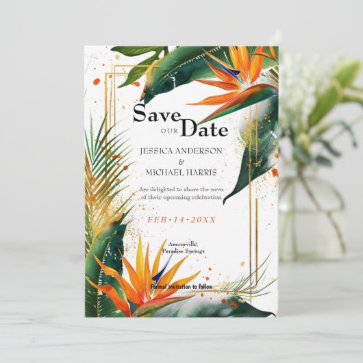 Met QR-code Vogels van het Paradijs Bliss Save The Date (Staand voorkant)