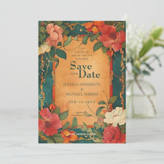 🌹 met QR Roos Romance: Art Nouveau pracht Save The Date (Staand voorkant)
