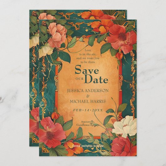 🌹 met QR Roos Romance: Art Nouveau pracht Save The Date (Voorkant / Achterkant)