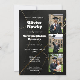🎓Met QR Zwarte Luxe Marmer Afstudeerfeestje Kaart