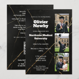 🎓Met QR Zwarte Luxe Marmer Afstudeerfeestje Kaart