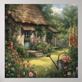 Met Riet Gedekte Cottage Tuin met Stockrozen Poste Poster
