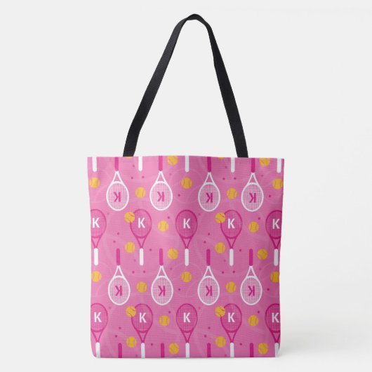 😍 met roze monogram en witte tennisrackets tote bag (Voorkant)