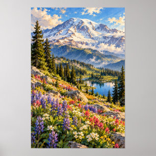 Met Sneeuw Bedekte Berg en Alpenweide Bloemen Muur Poster