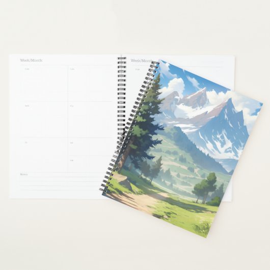 Met sneeuw bedekte bergen en weelderig groen bos planner (Display)
