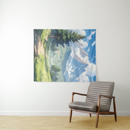 Met sneeuw bedekte bergen en weelderig groen bos wandkleed (In Situ (horizontaal))